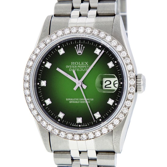 Rolex Stainless Steel Green Vignette Diamond DateJust Men's Watch