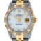 Rolex Mens 2T Mother Of Pearl Diamond Lugs Pyramid Bezel Datejust Wristwatch