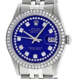 Rolex Mens Stainless Steel Royal Blue String Diamond Datejust Wristwatch