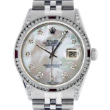 Rolex Mens Stainless Steel Diamond Lugs & Ruby Channel Set Datejust Wristwatch