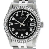 Rolex Mens 36mm Stainless Steel Black String Diamond Datejust Wristwatch