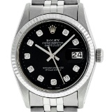 Rolex Mens 36mm Stainless Steel Black Diamond Datejust Wristwatch