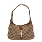 Gucci Brown Beige Monogram Canvas Leather Mini Jackie Bag