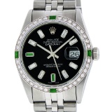 Rolex Mens SS Black Baguette Diamond And Emerald Datejust Wristwatch