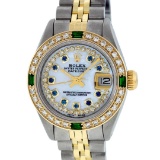 Rolex Ladies 2T MOP Sapphire String Diamond And Emerald Datejust Wristwatch