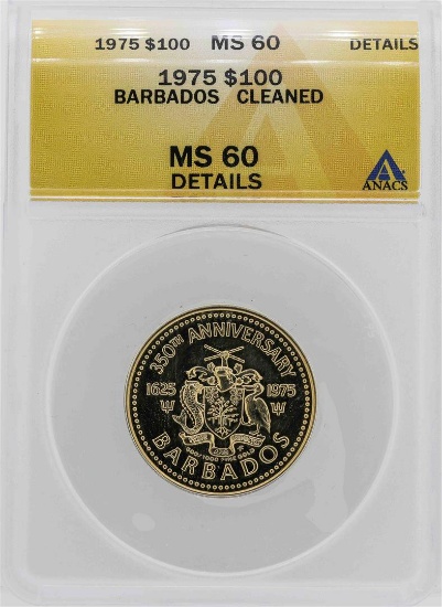 1975 Barbados 350th Anniversary $100 Gold Coin ANACS MS60 Details