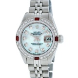 Rolex Stainless Steel Blue MOP Diamond and Ruby DateJust Ladies Watch