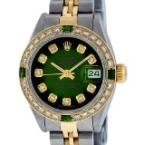 Rolex Ladies 2T Green Vignette Emerald And Diamond Datejust Wristwatch