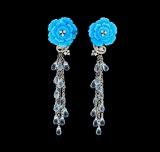 14.00 ctw Blue Topaz, Turquoise and Diamond Earrings - 18KT White Gold