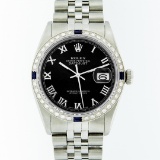Rolex Stainless Steel Black Roman Diamond and Sapphire DateJust Men's Watch