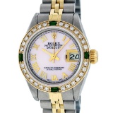 Rolex Ladies 2T Pink MOP Roman Emerald And Diamond Datejust Wristwatch