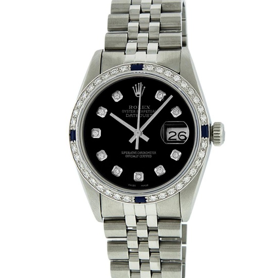 Rolex Stainless Steel 1.00 ctw Diamond and Sapphire DateJust Men's Watch