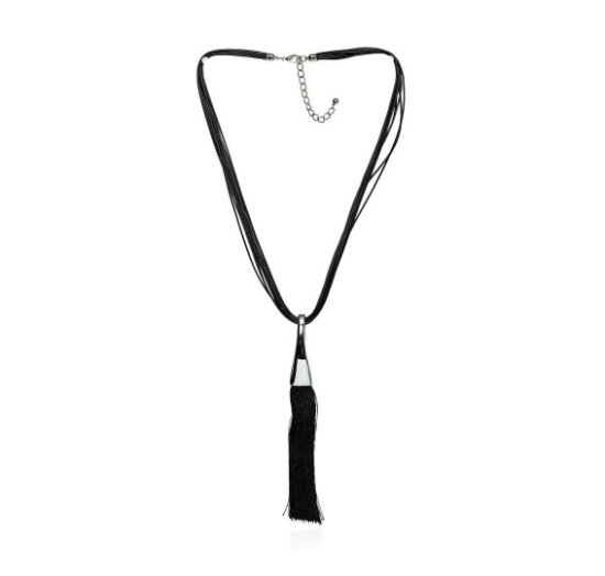 Silk Tassel Leather Necklace - Rhodium Plated