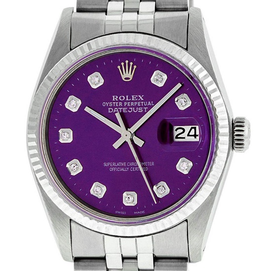 Rolex Mens 36mm Stainless Steel Purple Diamond Datejust Wristwatch