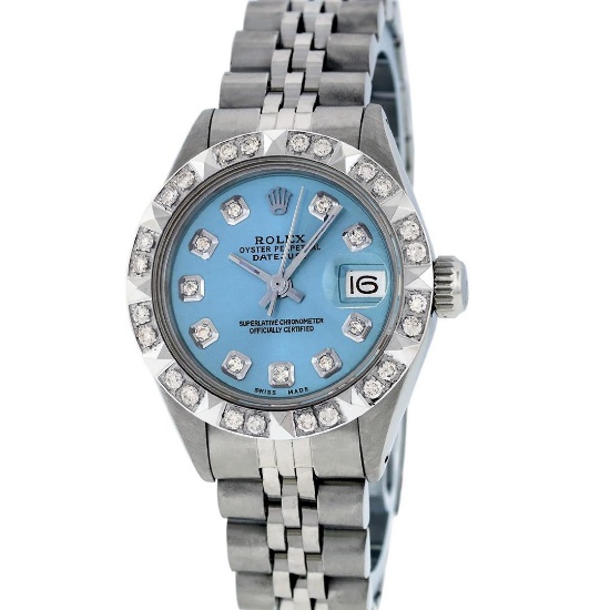Rolex Ladies SS Blue Diamond Pyramid Bezel Datejust Wristwatch