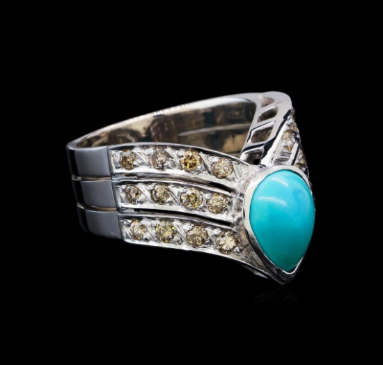 2.00 ctw Turquoise and Diamond V-Shape Ring - 18KT White Gold
