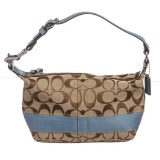 Coach Beige Canvas Monogram Blue Leather Trim Mini Baguette Bag