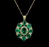 14KT Yellow Gold 7.97 ctw Emerald and Diamond Pendant With Chain