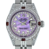 Rolex Ladies SS Diamond Lugs Purple MOP VS Diamond And Ruby Datejust Wristwatch