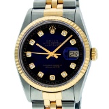 Rolex Mens 36mm Two Tone Yellow Gold Blue Vignette Diamond DateJust Wristwatch