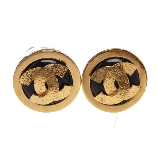 Chanel Black Gold CC Logo Clip On Disc Earrings