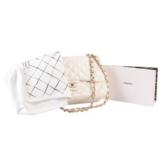100% Authentic Chanel Flap Bag Jumbo White Lambskin with Gold Hardware