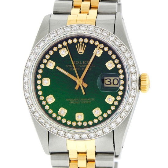 Rolex Mens Two Tone Green String Diamond Datejust Wristwatch