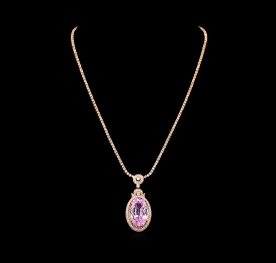 14KT Rose Gold 32.47 ctw GIA Certified Kunzite and Diamond Pendant With Chain