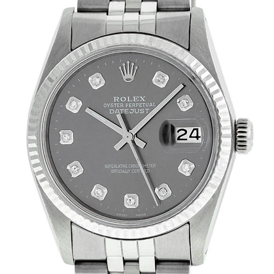 Rolex Mens 36mm Stainless Steel Dark Rhodium Diamond Datejust Wristwatch