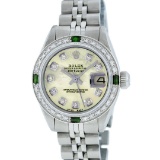 Rolex Stainless Steel Yellow MOP Diamond and Emerald DateJust Ladies Watch