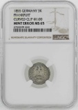 1855 Germany Frankfort 3 Kreuzer Coin Mint ERROR Curved Clip NGC MS65