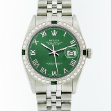 Rolex Stainless Steel Green Roman Diamond and Emerald DateJust Men's Watch