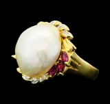 0.30 ctw Ruby, Pearl and Diamond Ring - 18KT Yellow Gold