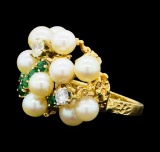 0.65 ctw Diamond, Emerald and Pearl Ring - 14KT Yellow Gold