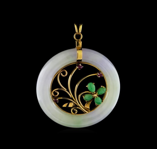 0.40 ctw Jadeite and Ruby Pendant - 14KT Yellow Gold