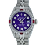 Rolex Stainless Steel Purple Diamond and Ruby DateJust Ladies Watch