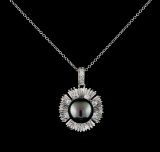 0.45 ctw Pearl and Diamond Pendant With Chain - 14KT White Gold