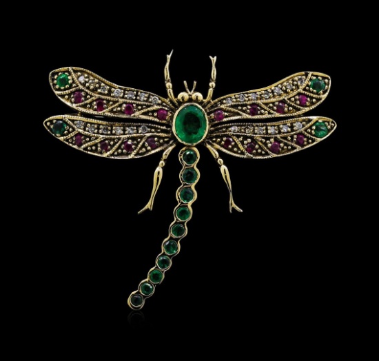 0.72 ctw Emerald, Ruby and Diamond Butterfly Brooch - 18KT Yellow Gold