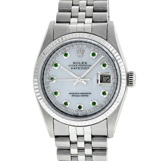 Rolex Mens 36mm Stainless Steel MOP Emerald String Diamond Datejust Wristwatch