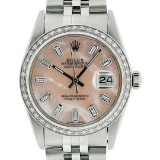 Mens Rolex Stainless Steel Pink MOP Baguette Diamond Datejust Wristwatch