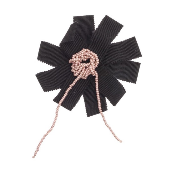 Chanel Black Ribbon Pink Beaded Center Camellia Flower Brooch