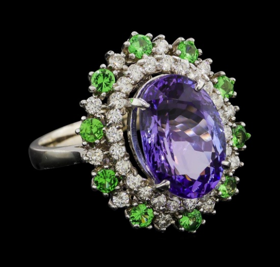 6.20 ctw Tanzanite, Tsavorite and Diamond Ring - 14KT White Gold