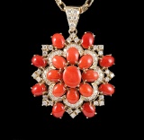 14KT Yellow Gold 19.87 ctw Red Coral & Diamond Pendant with Chain