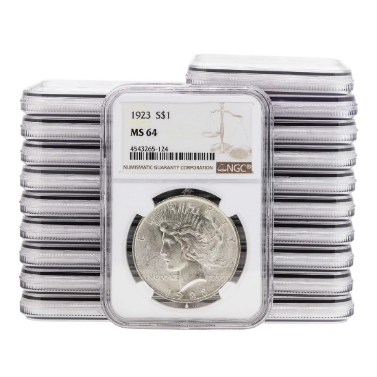Lot of (20) 1923 $1 Peace Silver Dollar Coin NGC MS64
