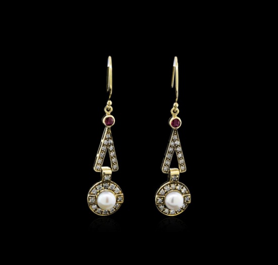 Pearl, Ruby and Diamond Earrings - 18KT Yellow Gold