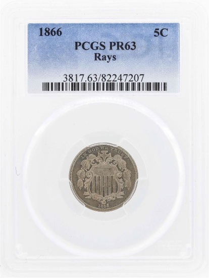 1866 Shield Nickel Proof Coin PCGS PR63 Rays