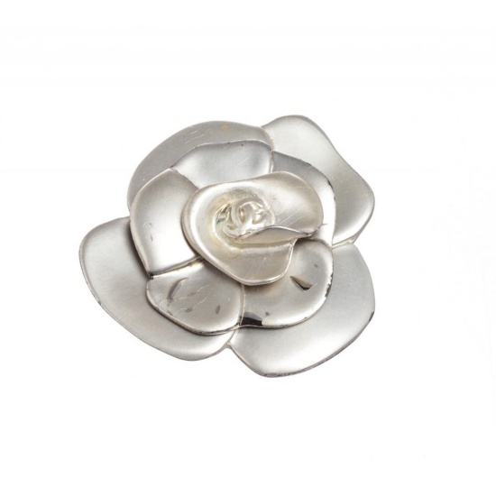 Chanel Matte Silver Camellia Flower Brooch