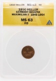 1850 Germany-Bavaria Maximilian II Heller Coin ANACS MS63RB