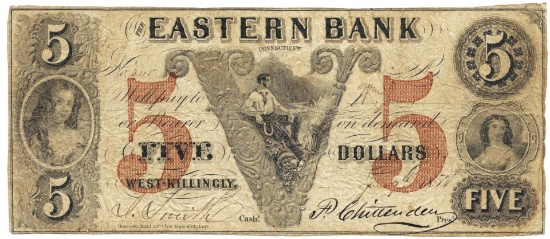 1852 $5 Eastern Bank, West-Killingly, CT Obsolete Bank Note
