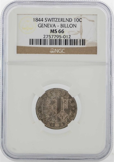 1844 Switzerland 10C Geneva Billon Coin NGC MS66